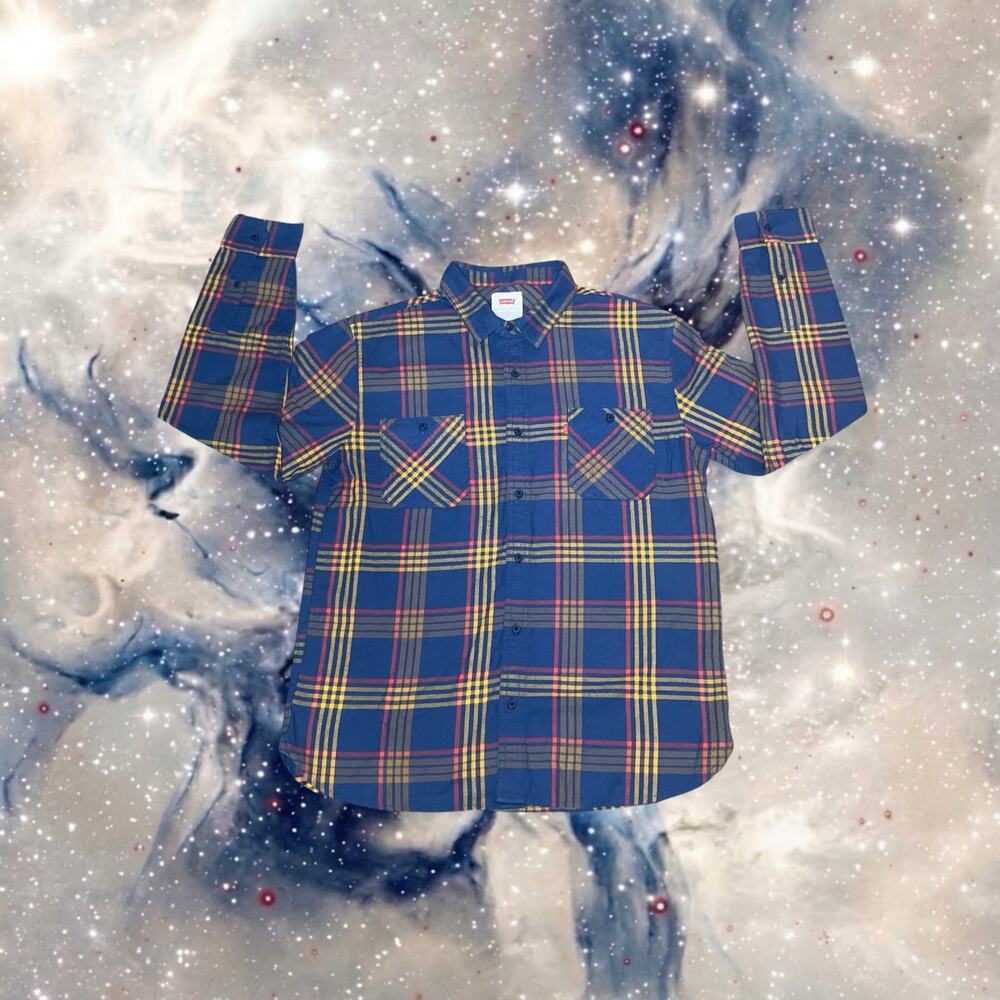 Levis Mens Large Blue Gold Red Plaid Flannel Button Down Shirt